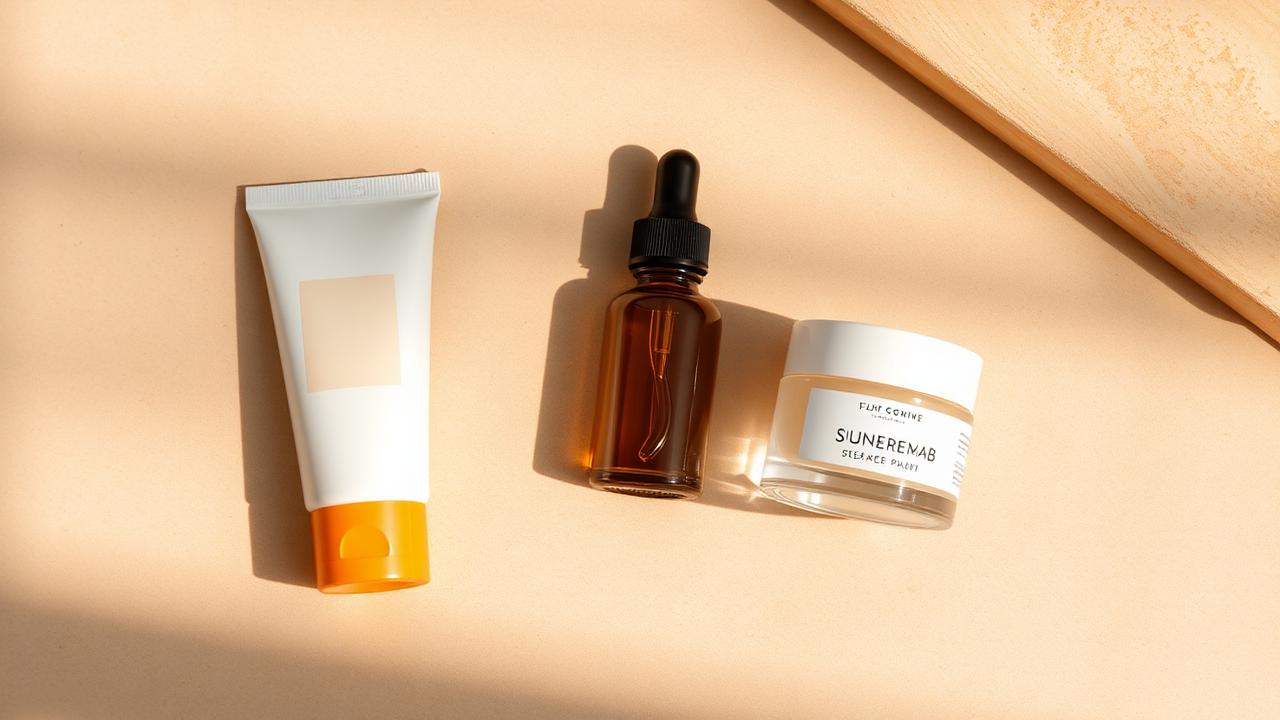 Flat-lay of sunscreen, a serum dropper bottle and a moisturiser jar on a beige surface