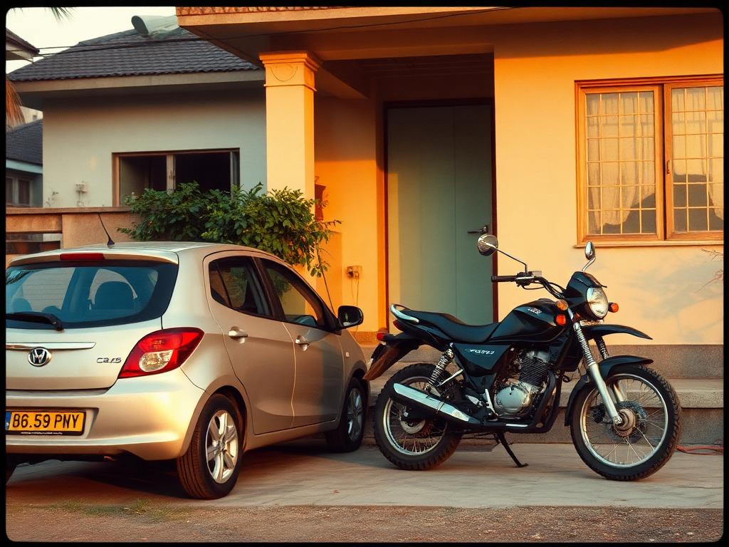 A hatchback car and a motorcycle parked outside an Indian home in evening light